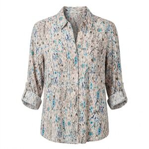 NEW Westbound Woman 2X Linen Blend Roll Tab Sleeve Button Up Shirt Tan Blue Ikat